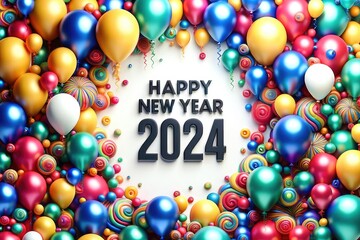 Happy New Year 2024 background, playful and colorful New Year celebration theme with balloons and confetti, showcasing the year 2024 in a fun and vibrant style. - obrazy, fototapety, plakaty