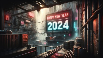 Happy New Year 2024 background, street scene with neon lights and a sign Happy New Year 2024 in a futuristic cyberpunk setting.
