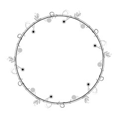 Abstract Black Simple Line Round Circle With Leaf Leaves Frame Flowers Doodle Outline Element Vector Design Style Sketch Isolated Illustration For Wedding And Banner