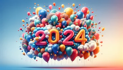 Fotobehang Happy New Year 2024 background, playful and colorful New Year celebration theme with balloons and confetti, showcasing the year 2024 in a fun and vibrant style. © Thanaphon
