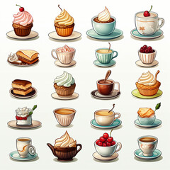 Fototapeta premium a set of detailed icons representing a variety of food and beverage items, from gourmet coffee to delectable pastries created with Generative Ai