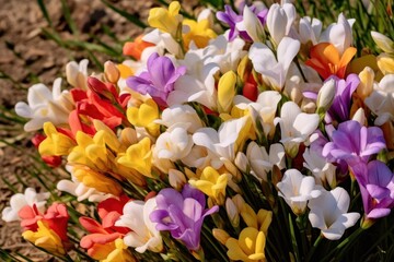 Multicolored crocus flowers in the garden. Spring background. Spring Flowers. Springtime Concept with Copy Space. Mothers Day Concept.