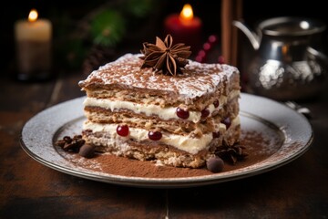 Christmas tiramisu, traditional italian dessert, decorated with star anise, candles fire in the background, close up, atmospheric