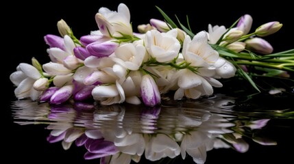 Bouquet of white and purple crocus flowers on a black background. Spring Flowers. Springtime Concept with Copy Space. Mothers Day Concept.