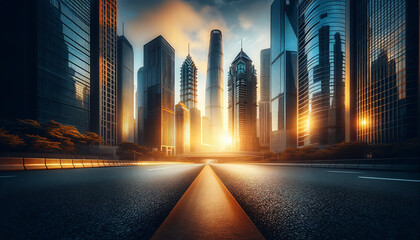 夕焼けに輝く未来都市と道