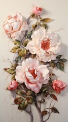A painting of pink flowers on a white surface.