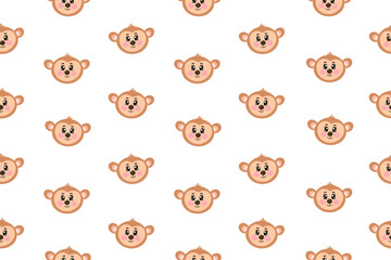 Seamless pattern with cute kawaii face, head of monkey for nursery, print or textile for kids. Vector cartoon illustration for baby, children