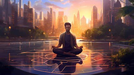  Illustration of a man practicing meditation, yoga, relaxation in the city downtown, with tranquility, peaceful mind, well-being and serenity - Generated by Generative AI