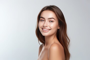 Portrait of a happy, confident, and healthy Caucasian woman with glowing skin and positivity. Generative AI - obrazy, fototapety, plakaty