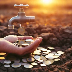 Tuinposter Hands grabbing money in a drought, climate change and cities without clean water, desertification of the earth © Anthony