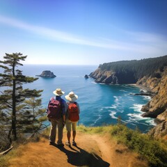 During their vibrant retirement, an elderly couple is enchanted by the breathtaking scenery along the Pacific coast as they hike, fully embracing the marvels of nature.