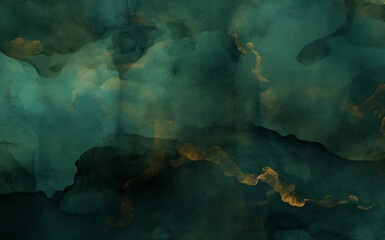 Green abstract watercolor texture, blending with metallic gold.