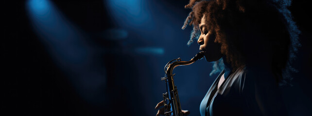 Afro-American Woman with Beautiful curly hair Playing the Saxophone at a Vibrant Jazz Concert,...