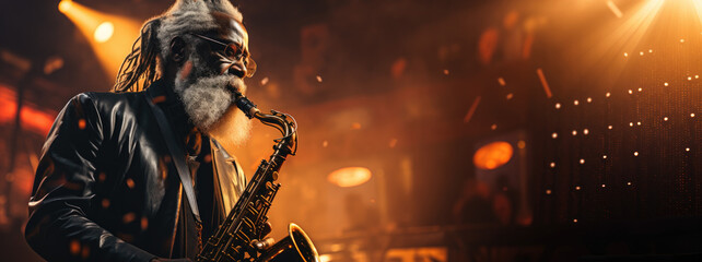 Serenading saxophonist with a magnificent white beard, old Afro-American makes a solo on stage in a jazz show, background of a concert hall with orange lights