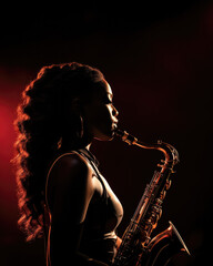 Captivating Saxophonist Shines on Center Stage isolated on a black background and red backlight,...