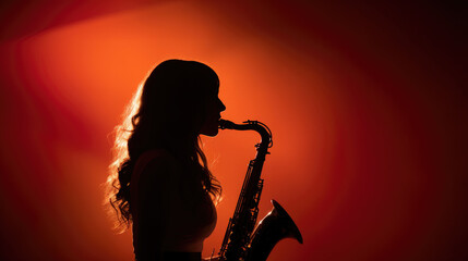 silhouette of a woman playing a saxophone isolated on a red background