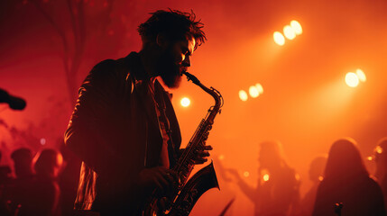 Jazzman's Saxophone Shines in the Vibrant Red-Lit Crowd,  man plays the saxophone in a crowd at a...