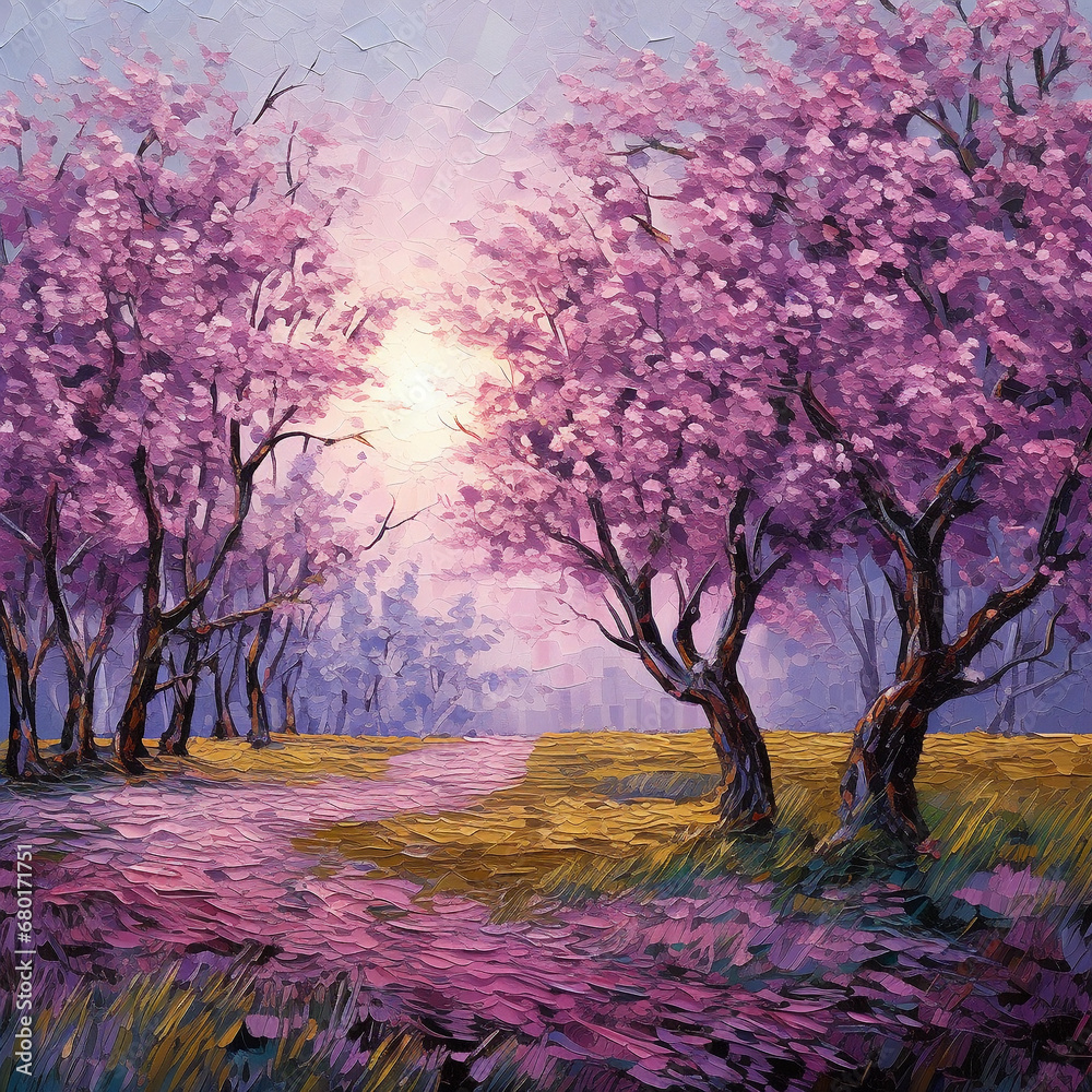 Wall mural beautiful spring landscape with blooming purple trees in the garden. square oil painting, impasto, p