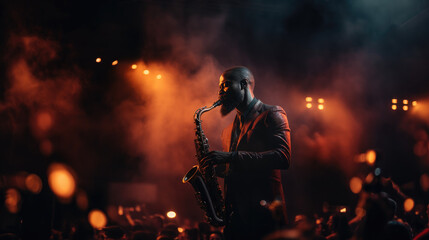 portrait of a young musician on stage in a red suit plays the saxophone - obrazy, fototapety, plakaty
