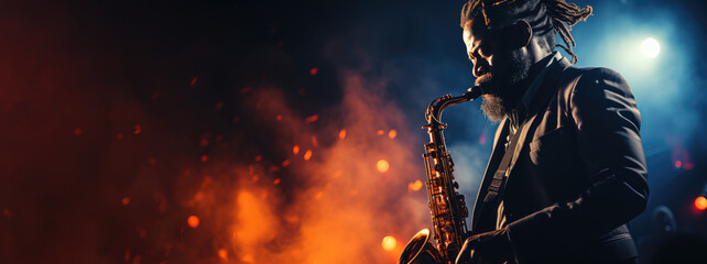 Creative and Original Banner of an Old Musician Playing the Saxophone, intense melodies concept, blue and red light contrast in background  - Powered by Adobe