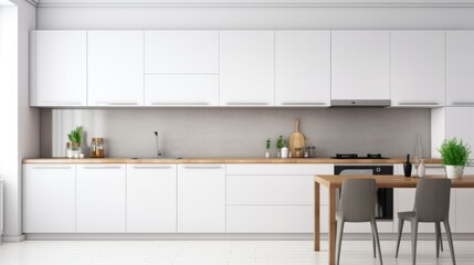 A kitchen with white cabinets and a wooden table. Minimal kitchen background.