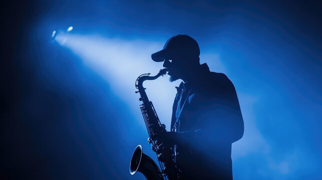 Man Playing the Saxophone in a Blue-Lit Jazz Concert