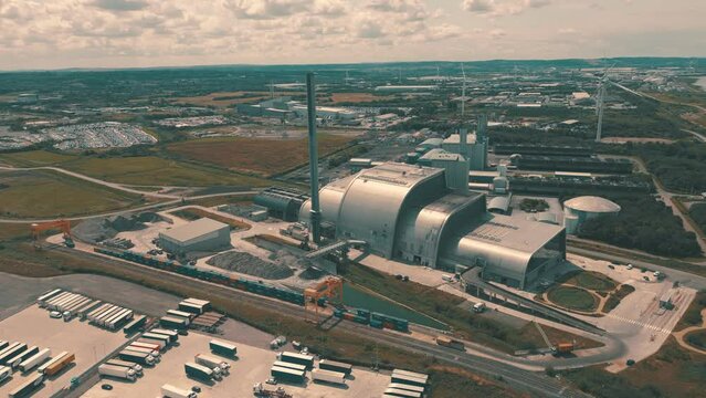 Aerial drone shot of factory and industrial landscape