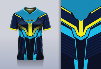 Sport jersey template mockup stripe design for football soccer, racing, running, e sports, blue yellow color