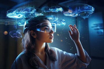 Young Asian woman captivated by a futuristic holographic digital display, showcasing innovation and technology in a modern world