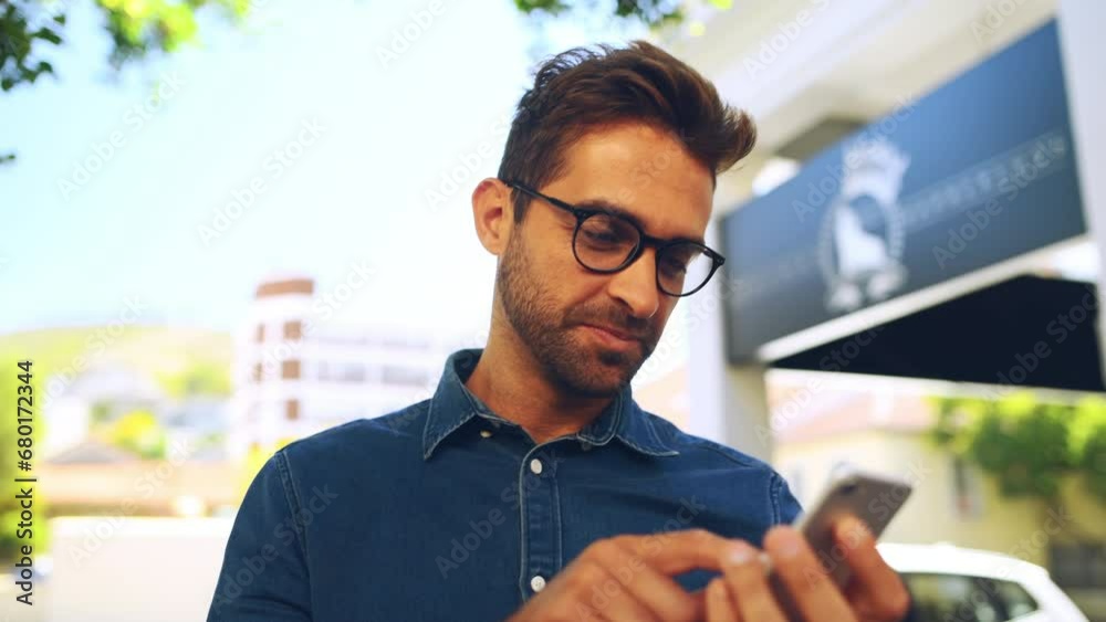 Sticker Man, face and smile with selfie outdoor for profile picture, social media or internet post in city. Person, happy and smartphone in urban town with glasses, casual outfit and technology for memory