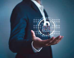 In the hands of a businessman holding a virtual key with binary code for identity and password, technology security system and protection against hacker concept.