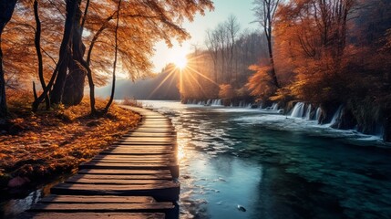 Lomography stylization and Instagram toning effect on a lovely autumn sunrise in Croatia's Plitvice Lakes National Park.