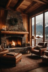 Living room Cozy wooden house with a burning fireplace in the winter forest.