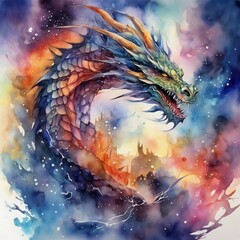 watercolor with dragon, chinese year of the dragon 2024, dragon symbol, grunge, intense, stylized, detailed, contemporary art