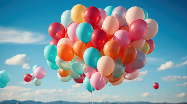 Colorful balloons set against a clear blue sky backdrop.