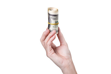 A hand holding a roll of money isolated on on white or png transparent background