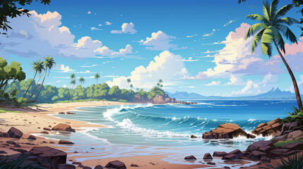 Fototapeta premium Pop Art style illustration of a tropical beach. Sea waves hit the clean beach sand.
