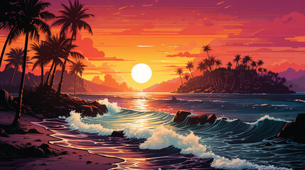 Pop Art style illustration of a tropical beach. Sea waves hit the clean beach sand.