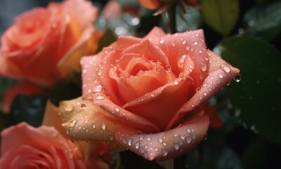 Beautiful pink roses with water drops on petals close-up. Love Concept with Copy Space. Mothers Day Concept.