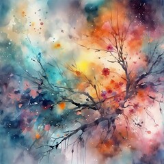 watercolor with branch of tree, grunge, intense, stylized, detailed, contemporary art