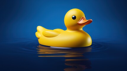  a yellow rubber duck floating on top of a body of water with it's head above the water's surface and it's reflection in the water.