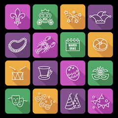 Mardi Gras carnival set icons, design element , linear style. Collection Mardi Gras, mask with feathers, beads and other