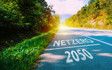 The word net zero on the street, the concept of net zero emissions by 2050, a long-term strategy for net zero emissions, no toxic gases, including carbon credits. - obrazy, fototapety, plakaty