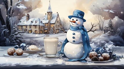 Obraz premium a painting of a snowman next to a plate of cookies and a cup of coffee in front of a winter scene with a house and a snow covered with snow.