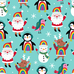 Christmas seamless pattern background cute Santa, snowman, penguin and reindeer characters with rainbow. Childish print for fabric, wrapping paper, textile, wallpaper and apparel