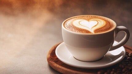 Obraz premium a cup of coffee on a saucer with a heart drawn in the foam on top of the cappuccino, on a saucer with coffee beans.
