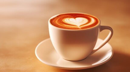  a cup of coffee on a saucer with a heart drawn in the foam on top of the cup and saucer on a saucer on a brown table.