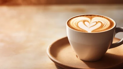 Foto op Plexiglas  a cup of cappuccino on a saucer with a heart pattern in the foam on top of the cappuccino is on a wooden plate. © Anna