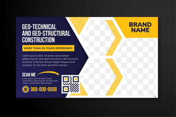 geo technical and geo structural construction flyer design template. Management services banner poster leaflet. hexagon space for photo collage. dot circle halftone pattern. blue gradient background. - obrazy, fototapety, plakaty