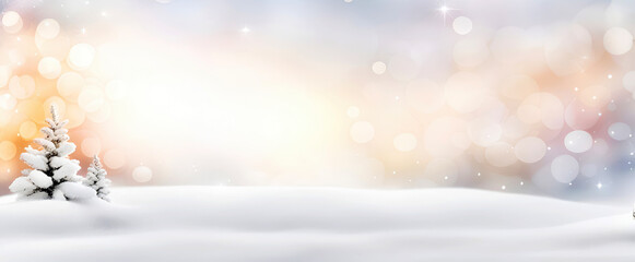 Christmas background with snowy fir tree on blurred snowfall bokeh lights. New Year, winter holidays banner for design.Generative AI 